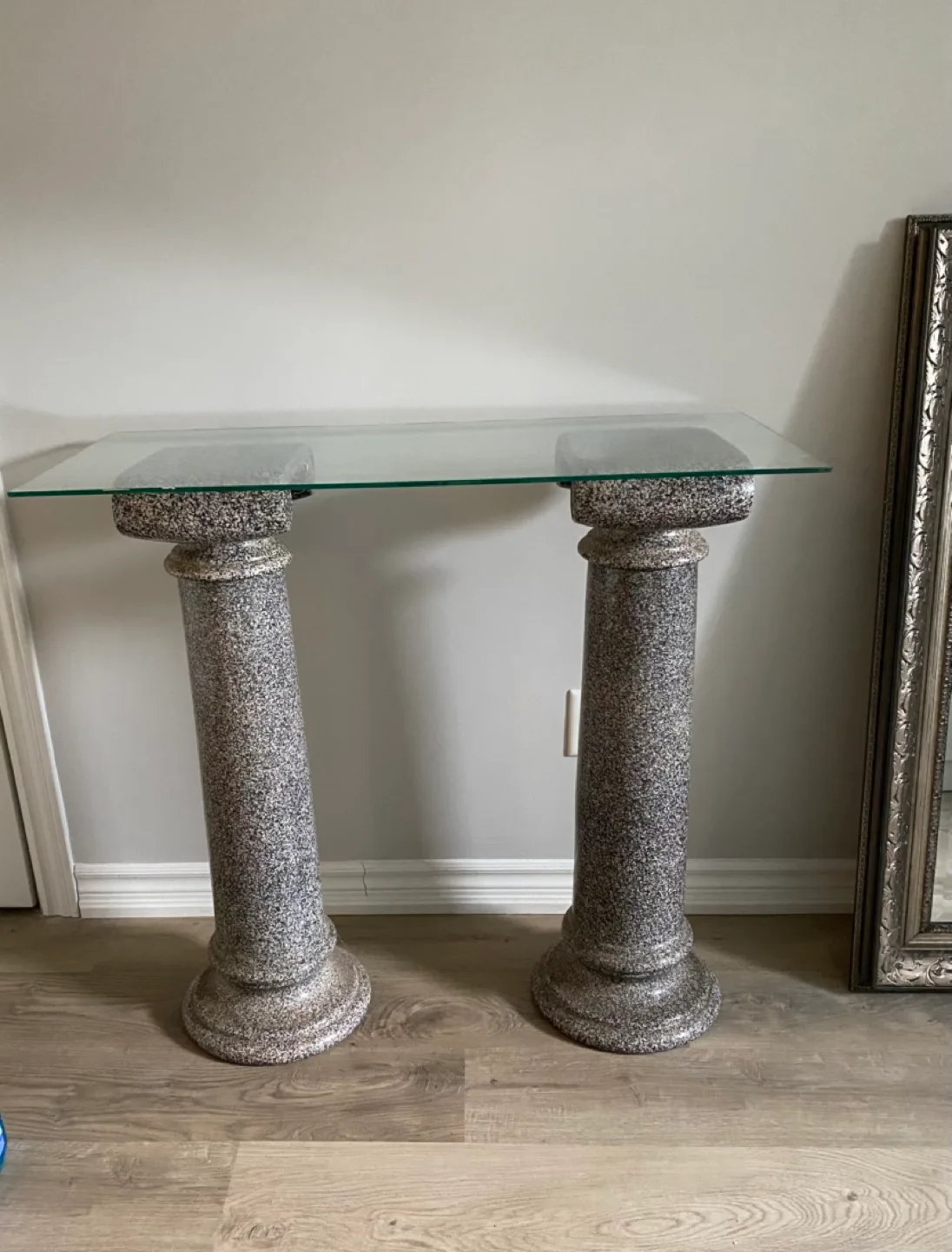 Must Go! Unique Glass Top Console Table on Two Pillars thumbnail