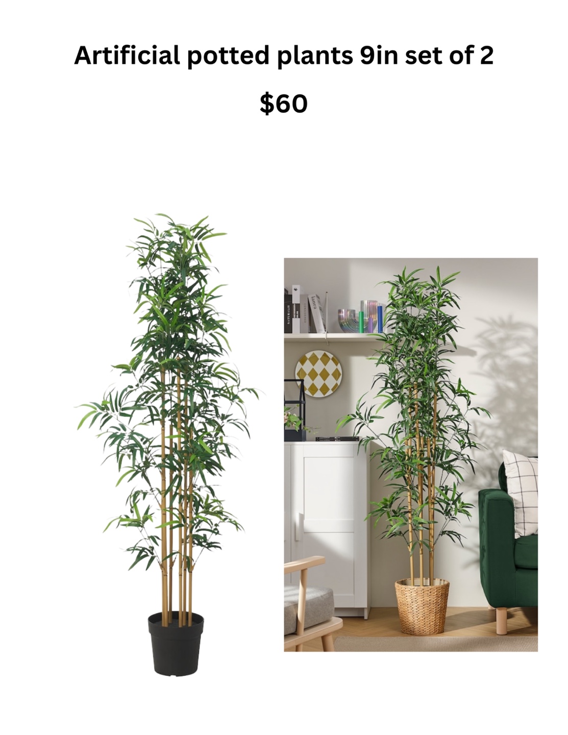 Artificial Bamboo Plants, Set of 2, 9in