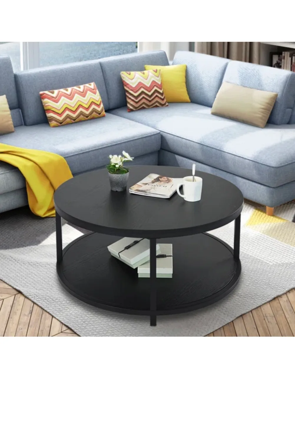 Round Black Coffee Table with Lower Shelf image indicator(6)