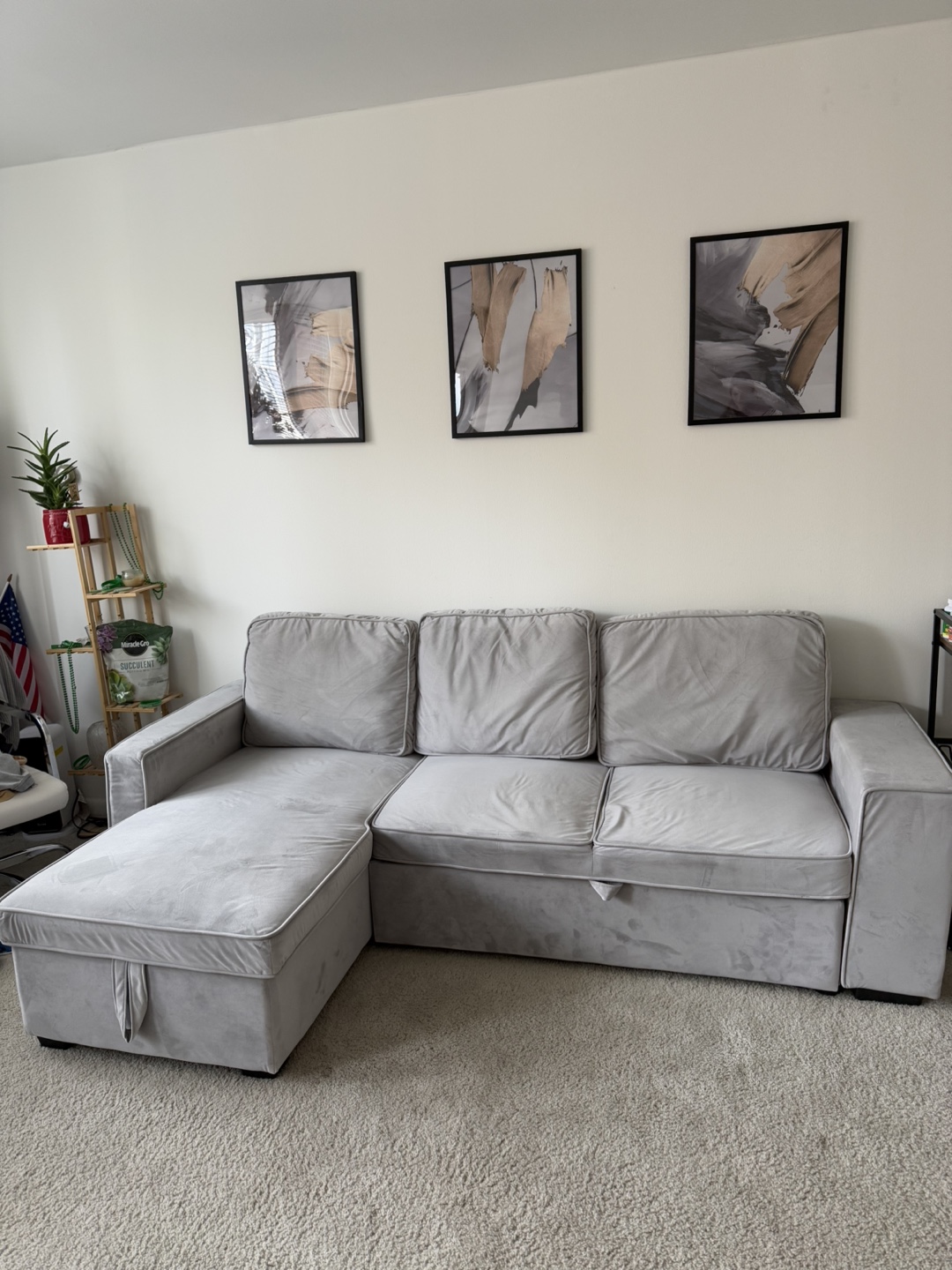 Gray Velvet Sectional Sofa with Storage Ottoman