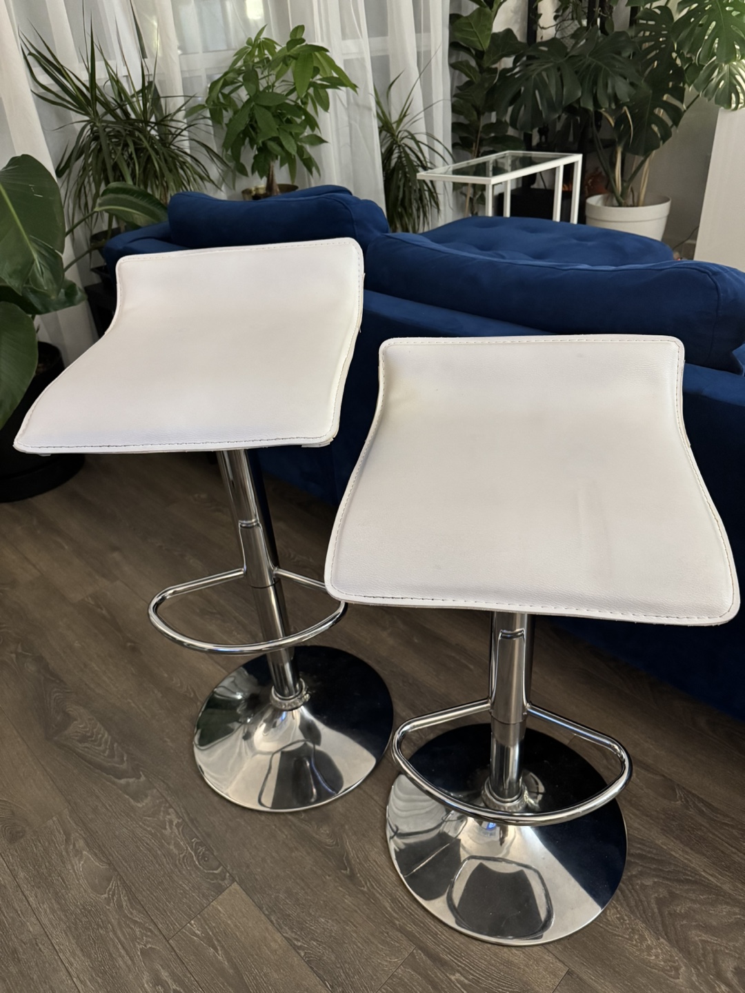Pair of White Faux Leather Bar Stools