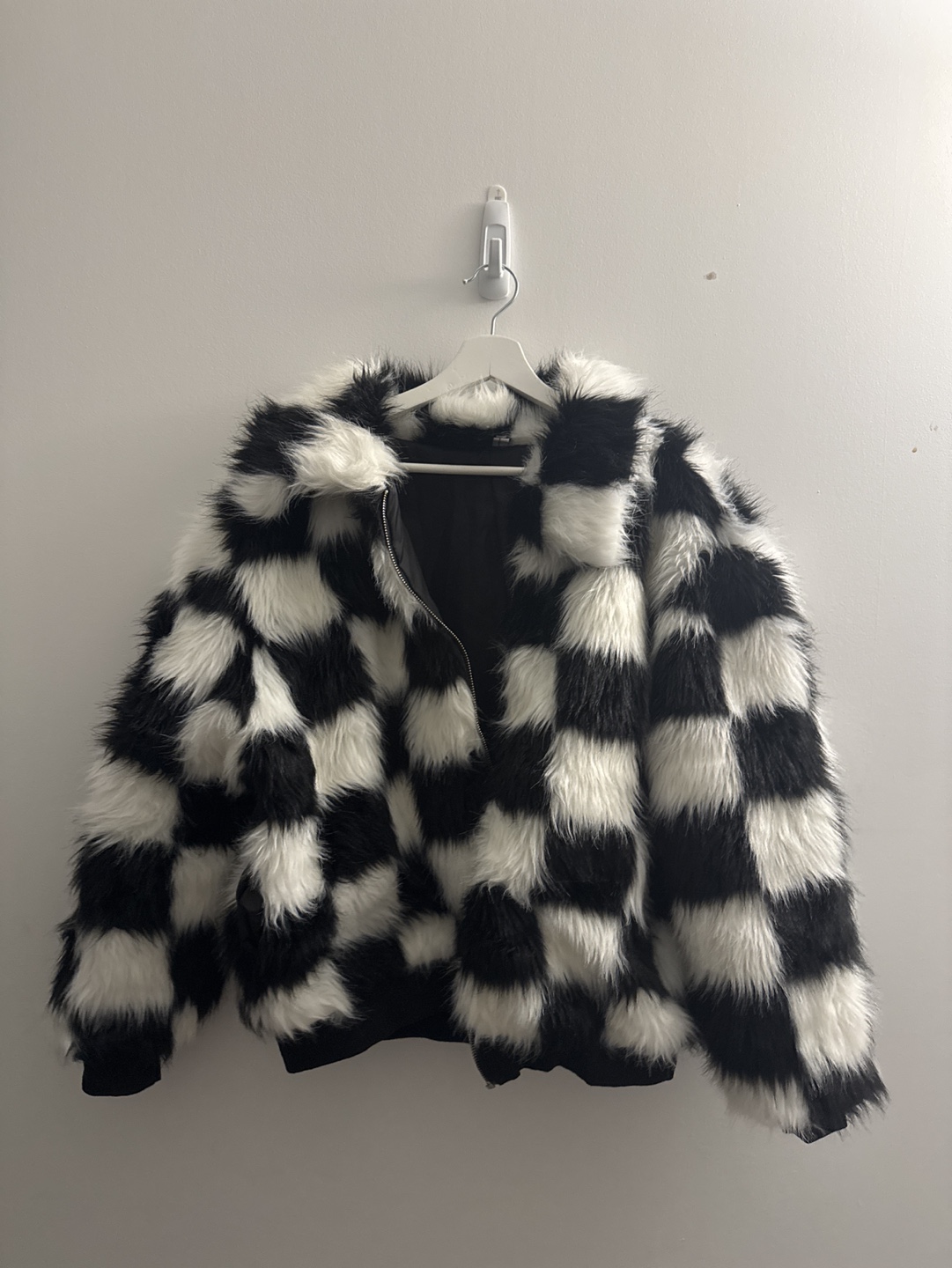 Checkered Faux Fur Jacket