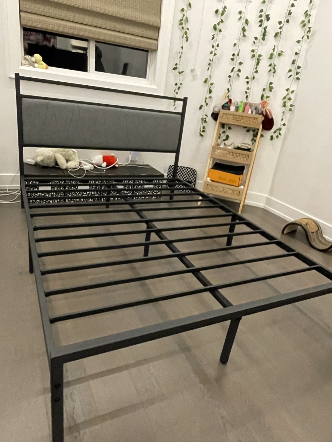 Queen Metal Bed Frame with Grey Headboard