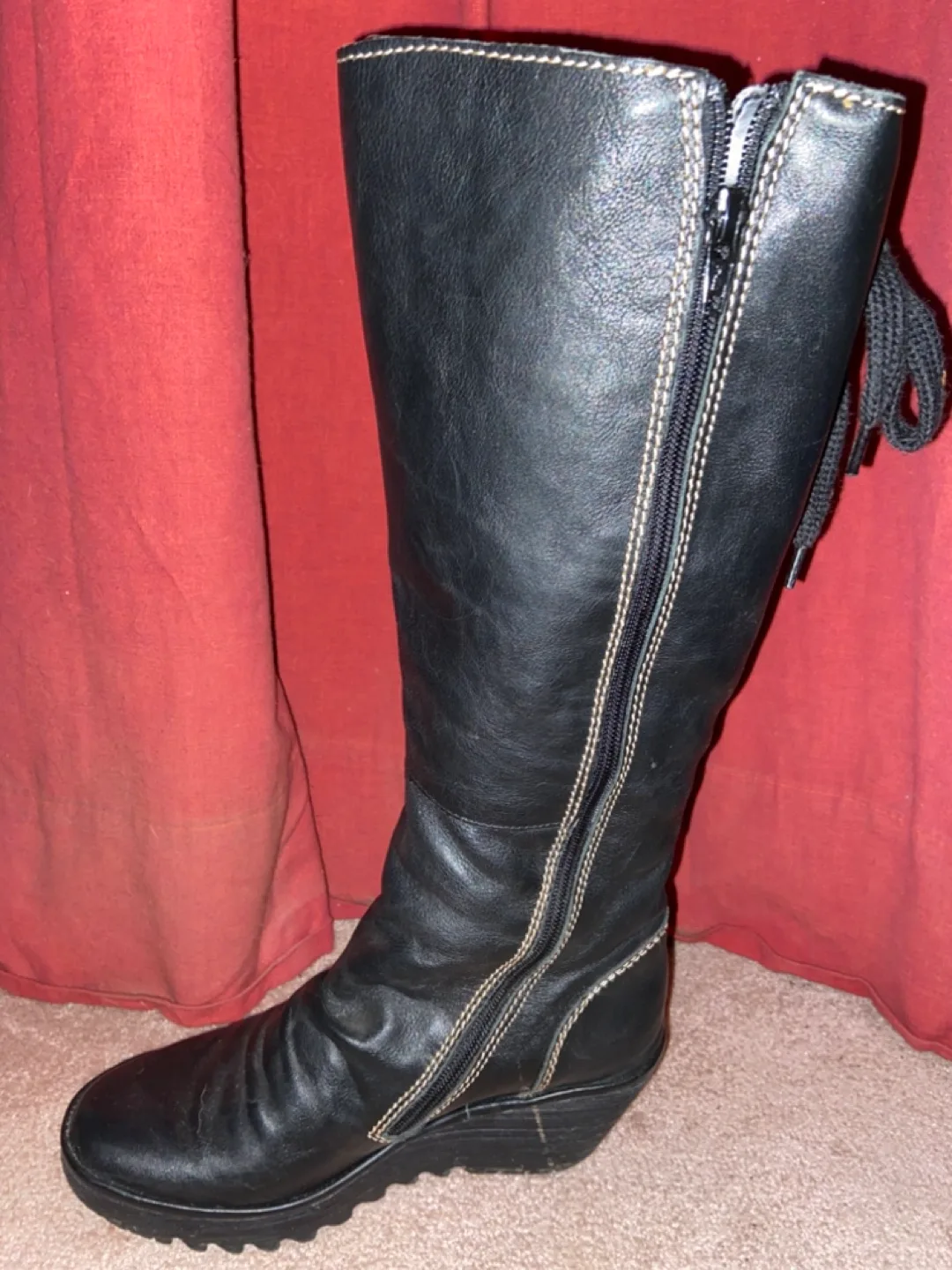 Fly London Black Leather Knee-High Wedge Boots image indicator(3)