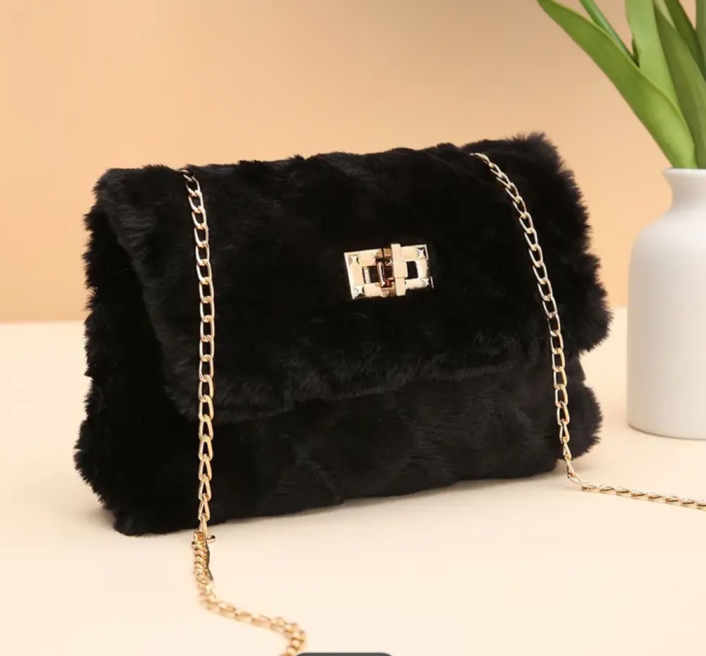Black Fluffy Faux Fur Crossbody Bag with Gold Chain