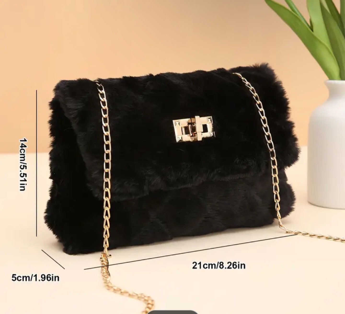 Black Fluffy Faux Fur Crossbody Bag with Gold Chain - photo 2