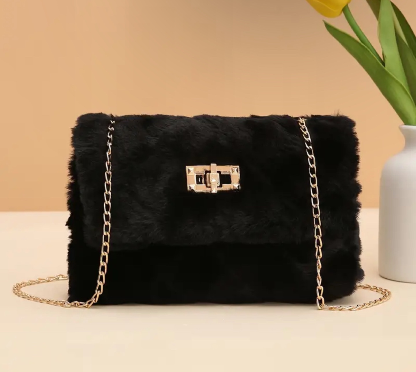 Black Fluffy Faux Fur Crossbody Bag with Gold Chain - photo 3