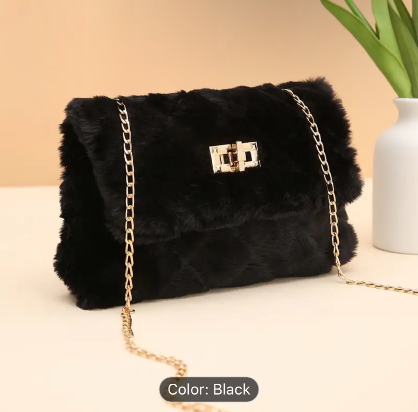 Black Fluffy Faux Fur Crossbody Bag with Gold Chain - photo 5