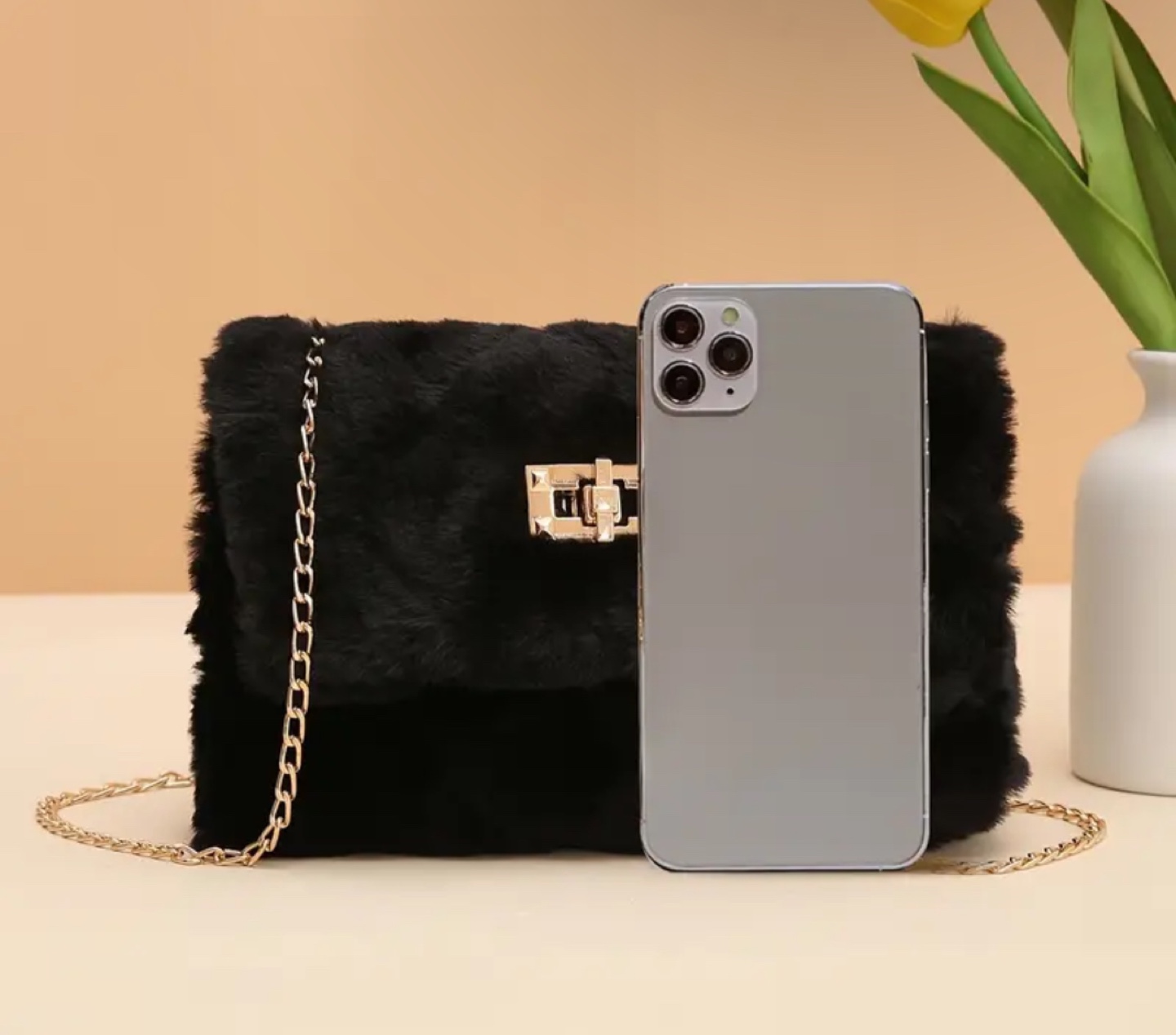 Black Fluffy Faux Fur Crossbody Bag with Gold Chain - photo 4