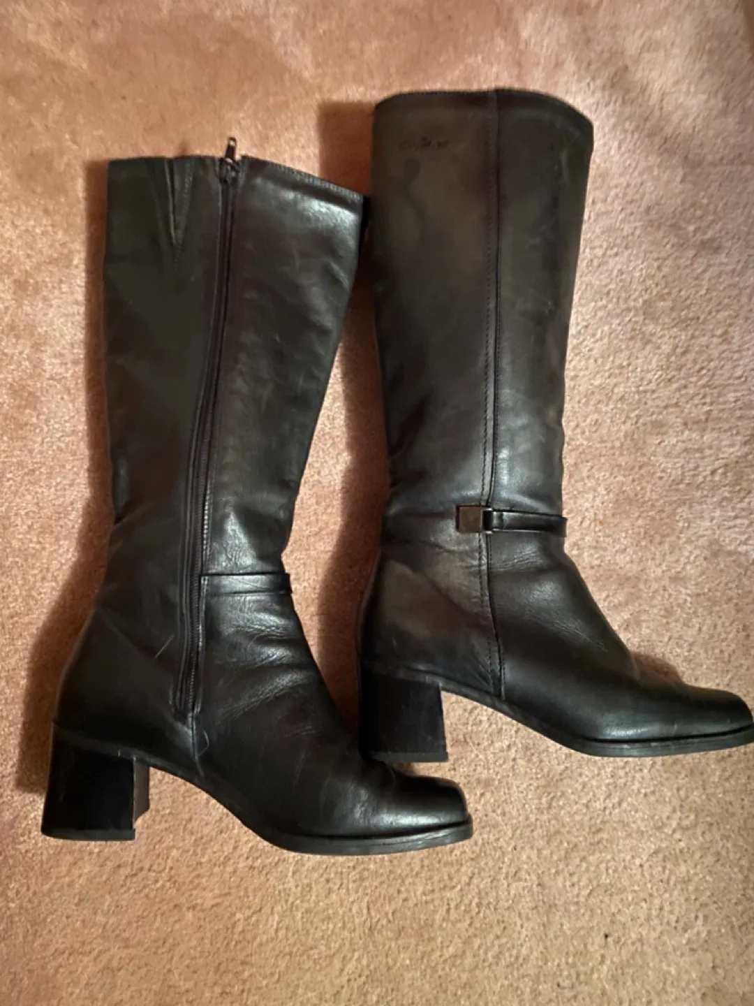Black Leather Knee-High Boots with Block Heel thumbnail
