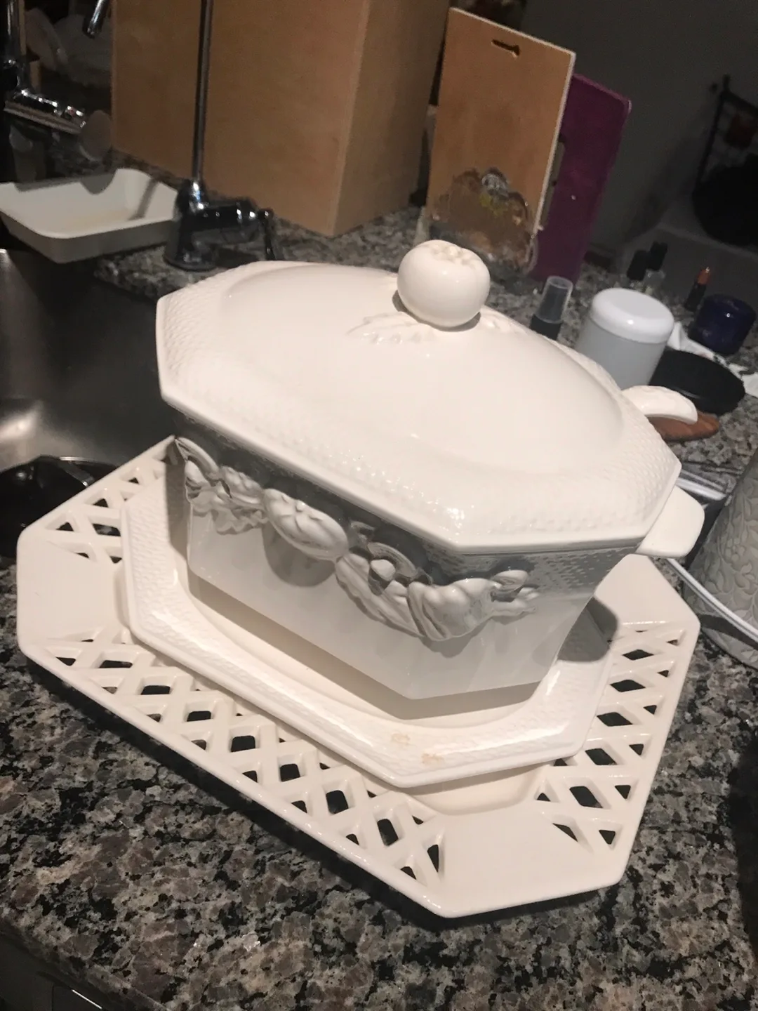 Vintage White Soup Tureen with Ladle and Serving Tray image indicator(2)