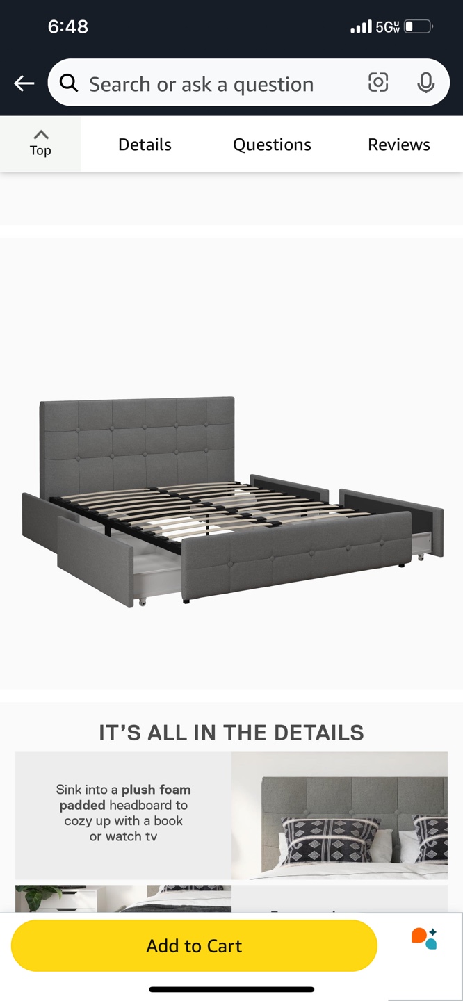 Queen Upholstered Platform Bed with Drawers - Gray