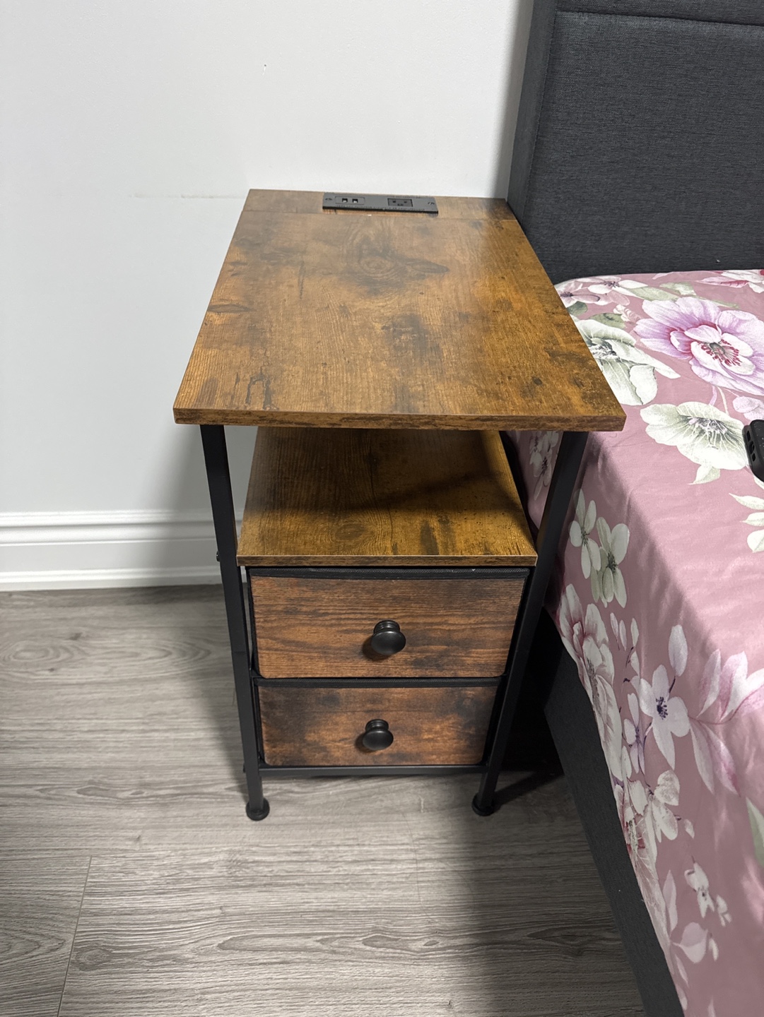 Set of 2 Rustic Two-Drawer Bedside Table with Built-in Outlets