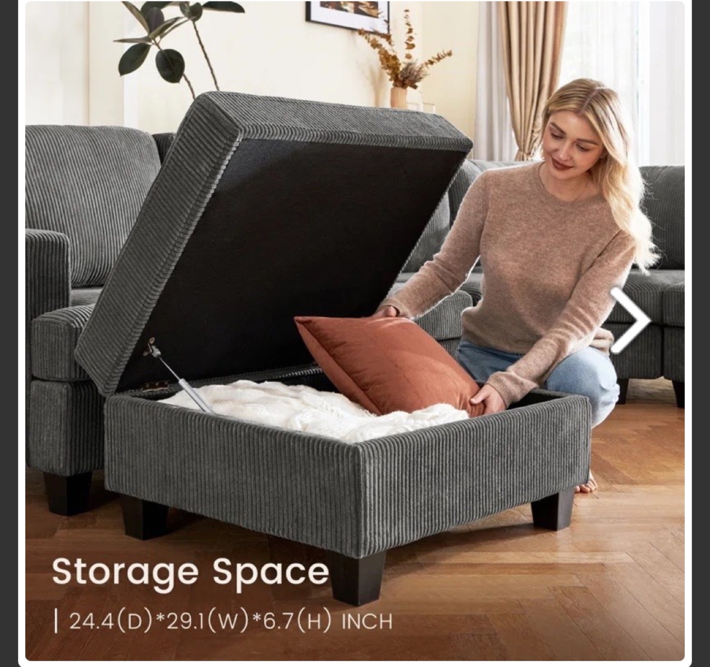 *FREE DELIVERY* Grey Corduroy Sectional with Storage Ottoman - photo 4