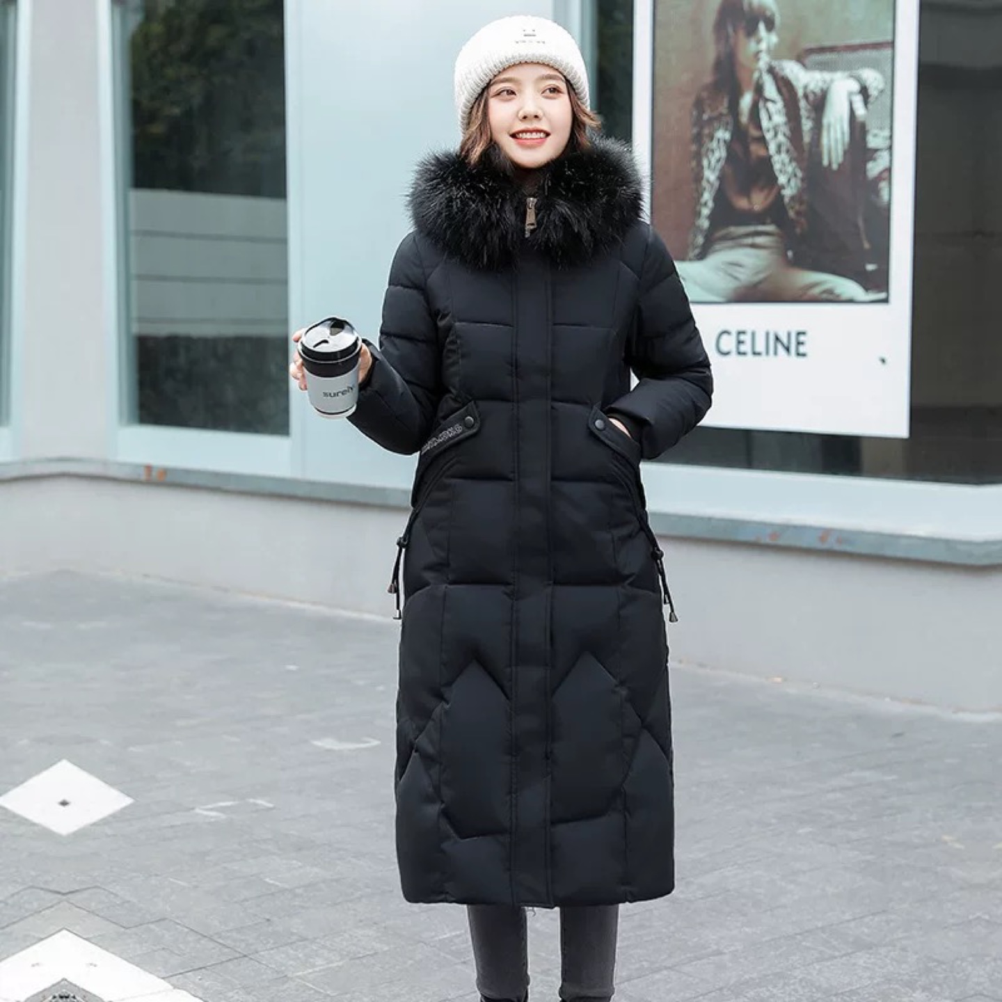 Women's Long Black Puffer Jacket with Fur Trim Hood
