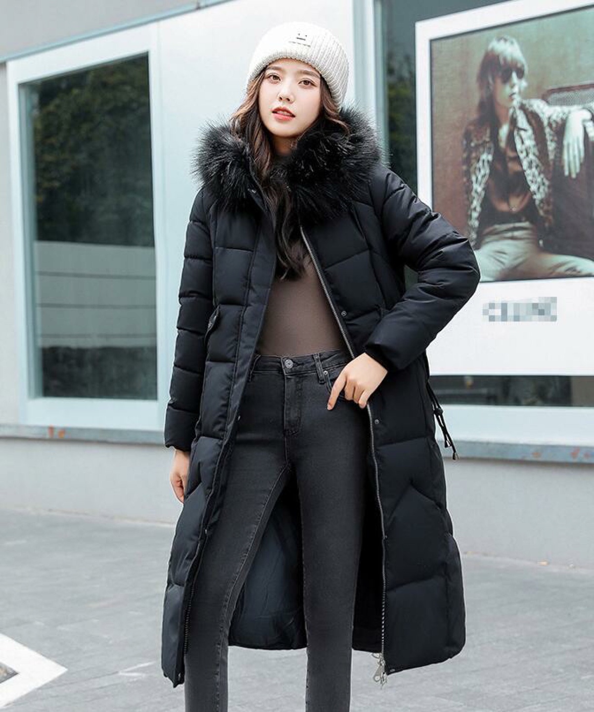 Women's Long Black Puffer Jacket with Fur Trim Hood - photo 2