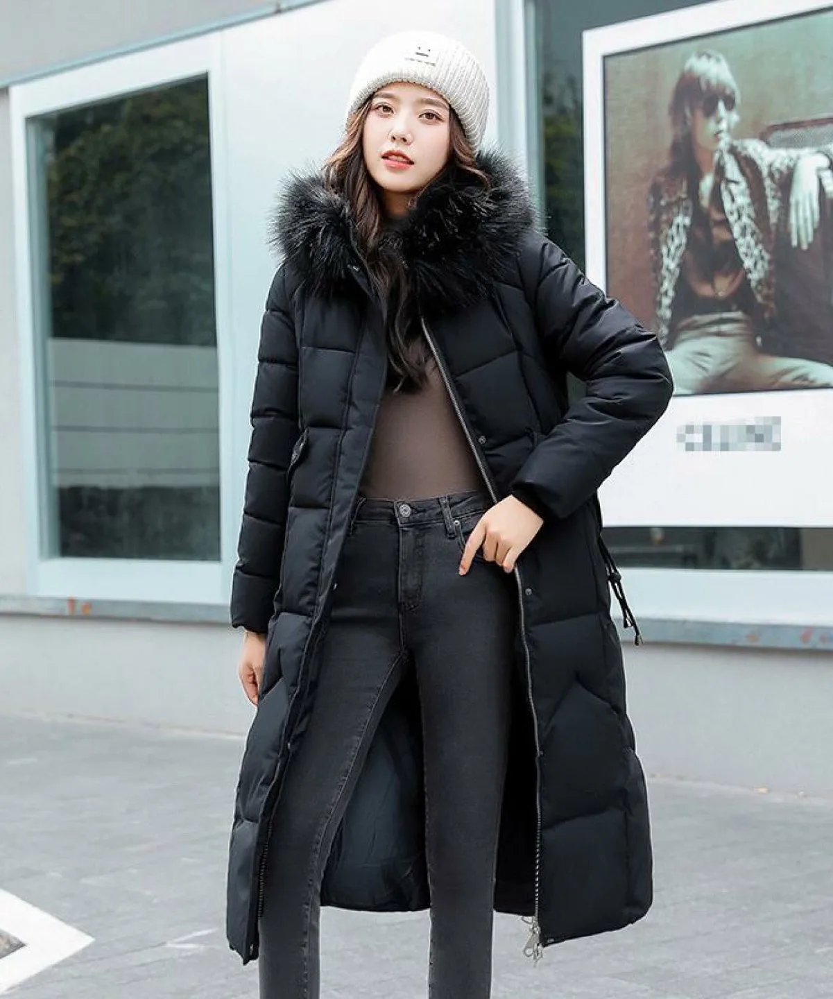 Women's Long Black Puffer Jacket with Fur Trim Hood image indicator(2)