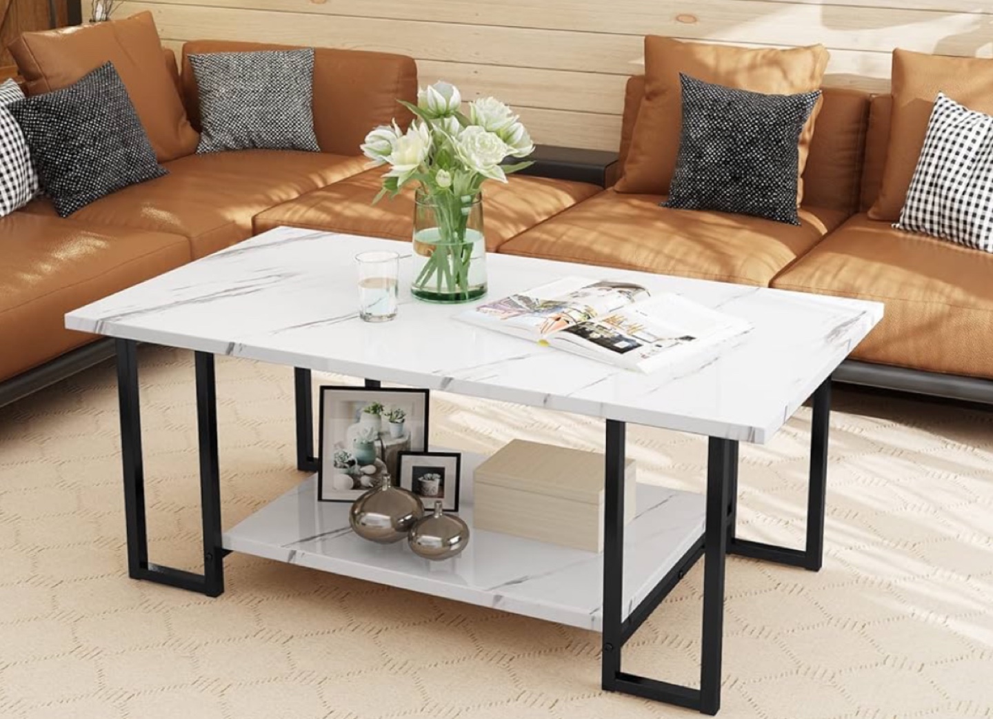 AWQM faux Marble Coffee Table with Black Metal Frame