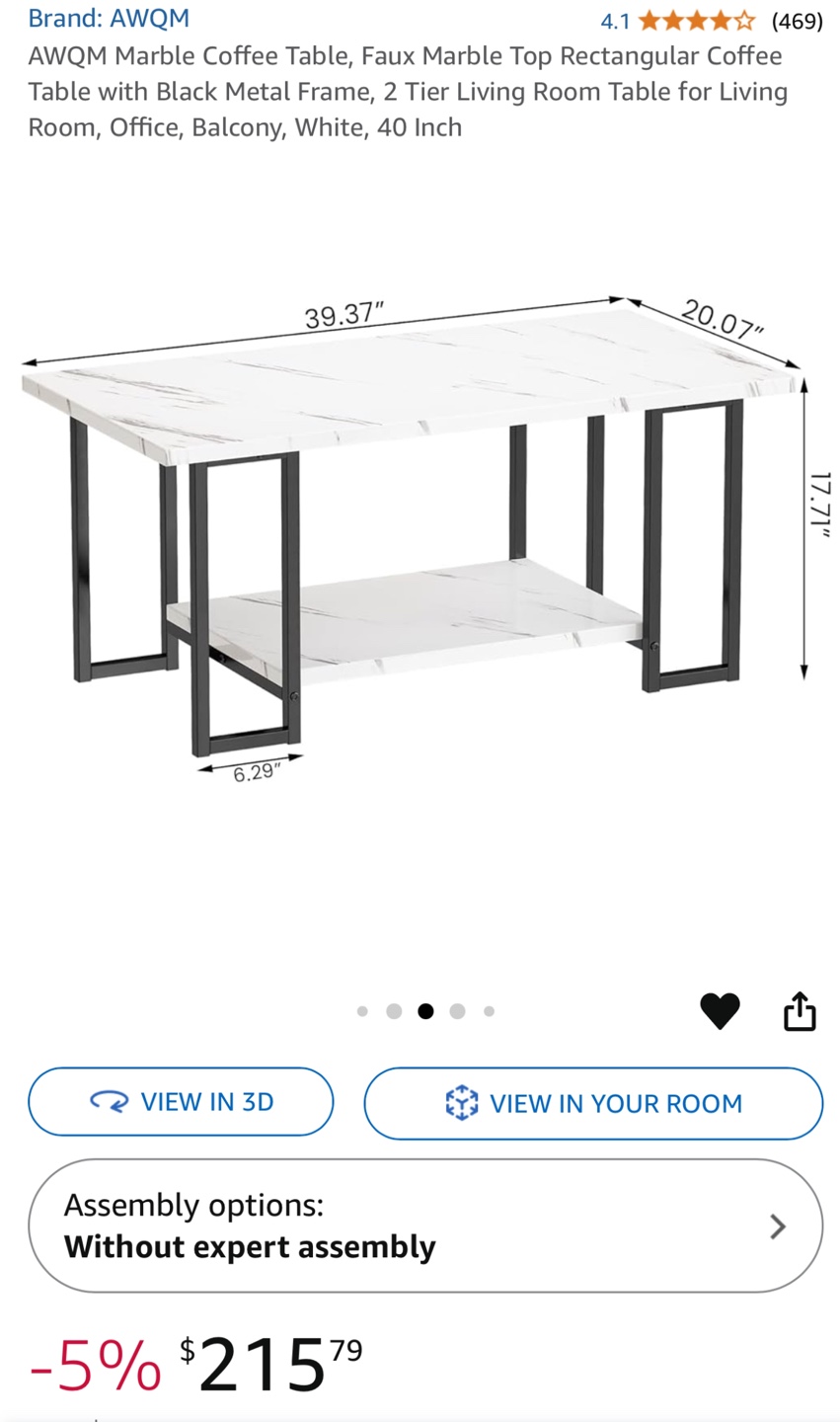 AWQM faux Marble Coffee Table with Black Metal Frame - photo 3