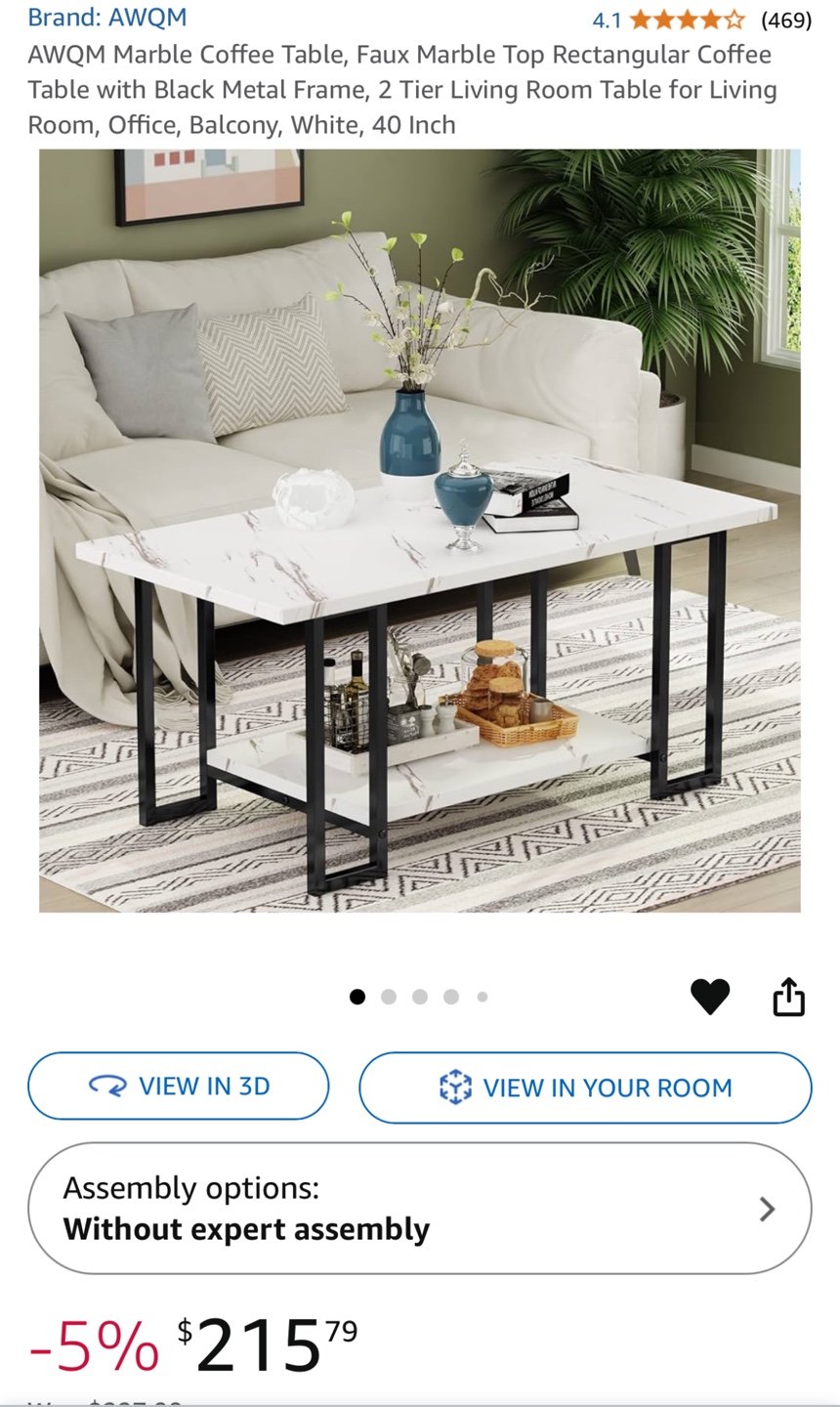 AWQM faux Marble Coffee Table with Black Metal Frame - photo 2