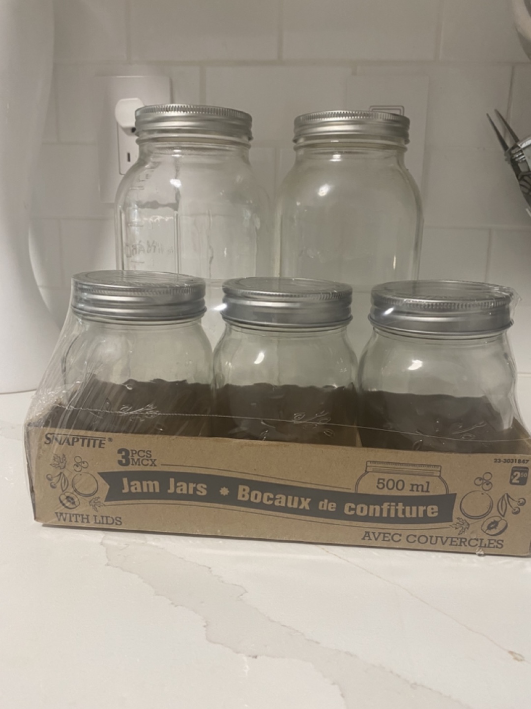 Five Glass Jars with Lids - Two Large & Three Small