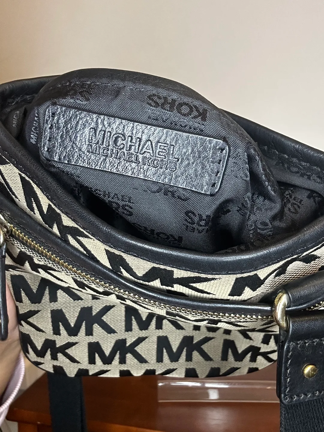 Michael Kors Black and Beige MK Signature Crossbody Bag image indicator(6)
