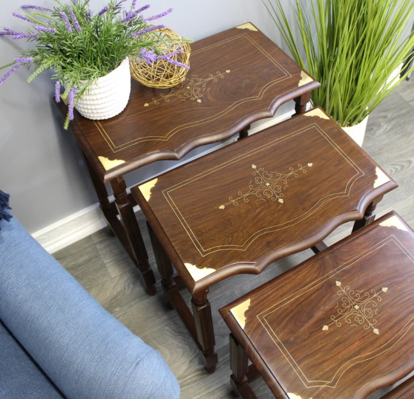Nest of Tables, Set of Three, Intricate Design, Dark Wood