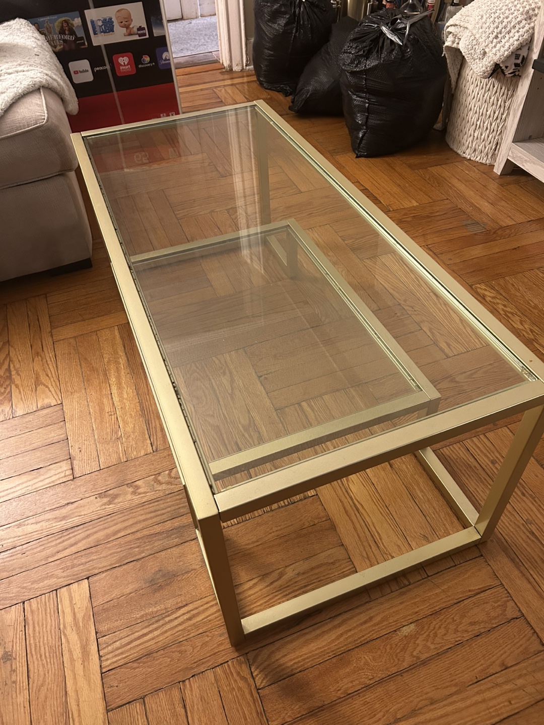 Gold Metal and Glass Coffee Table with Shelf - photo 2