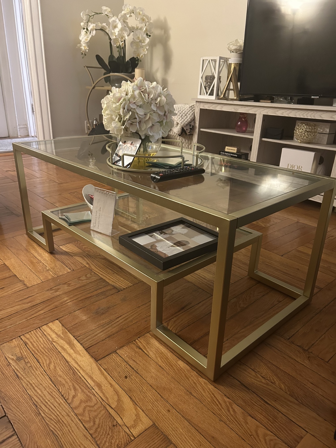 Gold Metal and Glass Coffee Table with Shelf