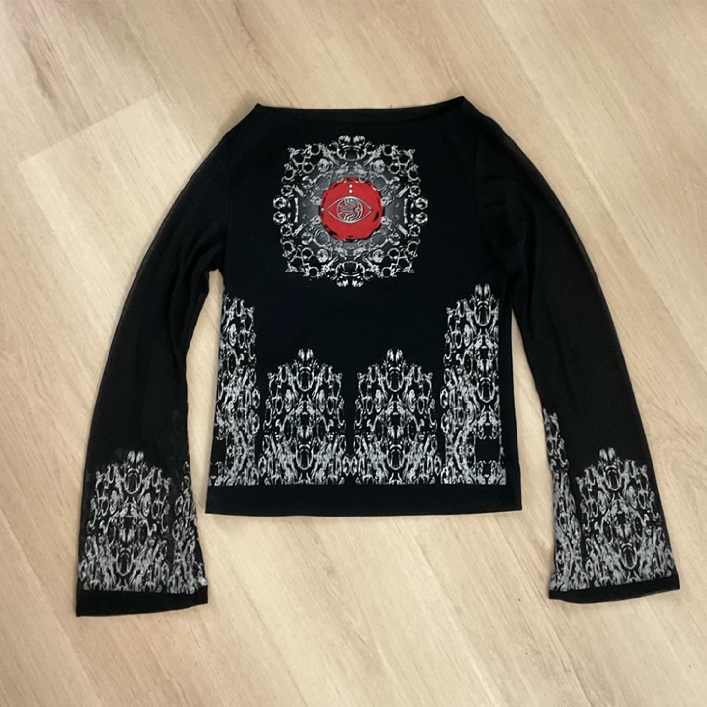 Black Mesh Long Sleeve Top with Eye Design