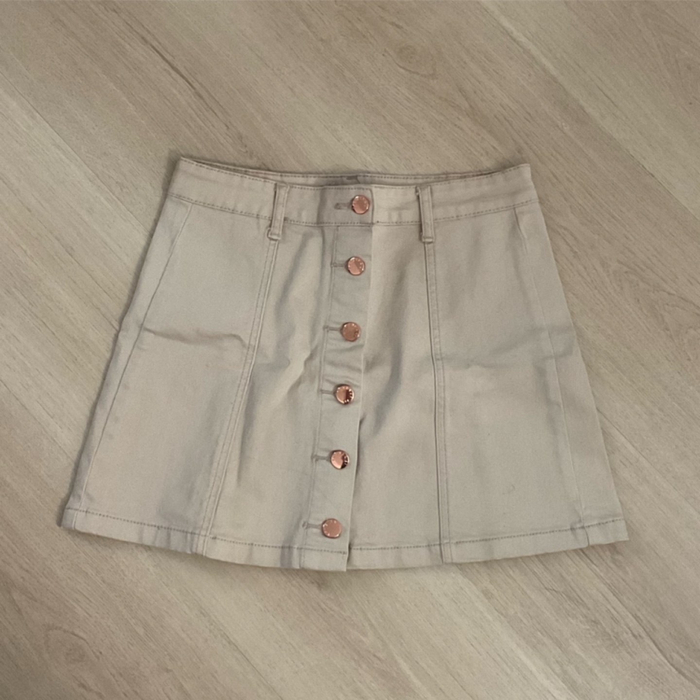 Beige Button-Front Denim Mini Skirt