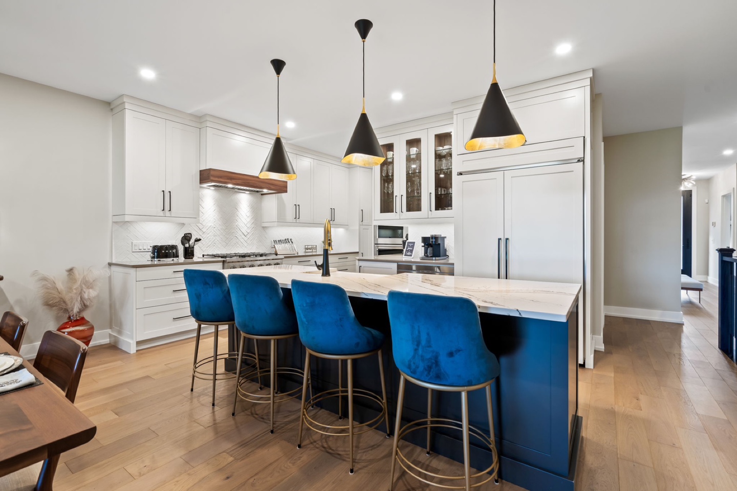 Set of 6 Blue Counter Stools with Gold Legs by Amisco