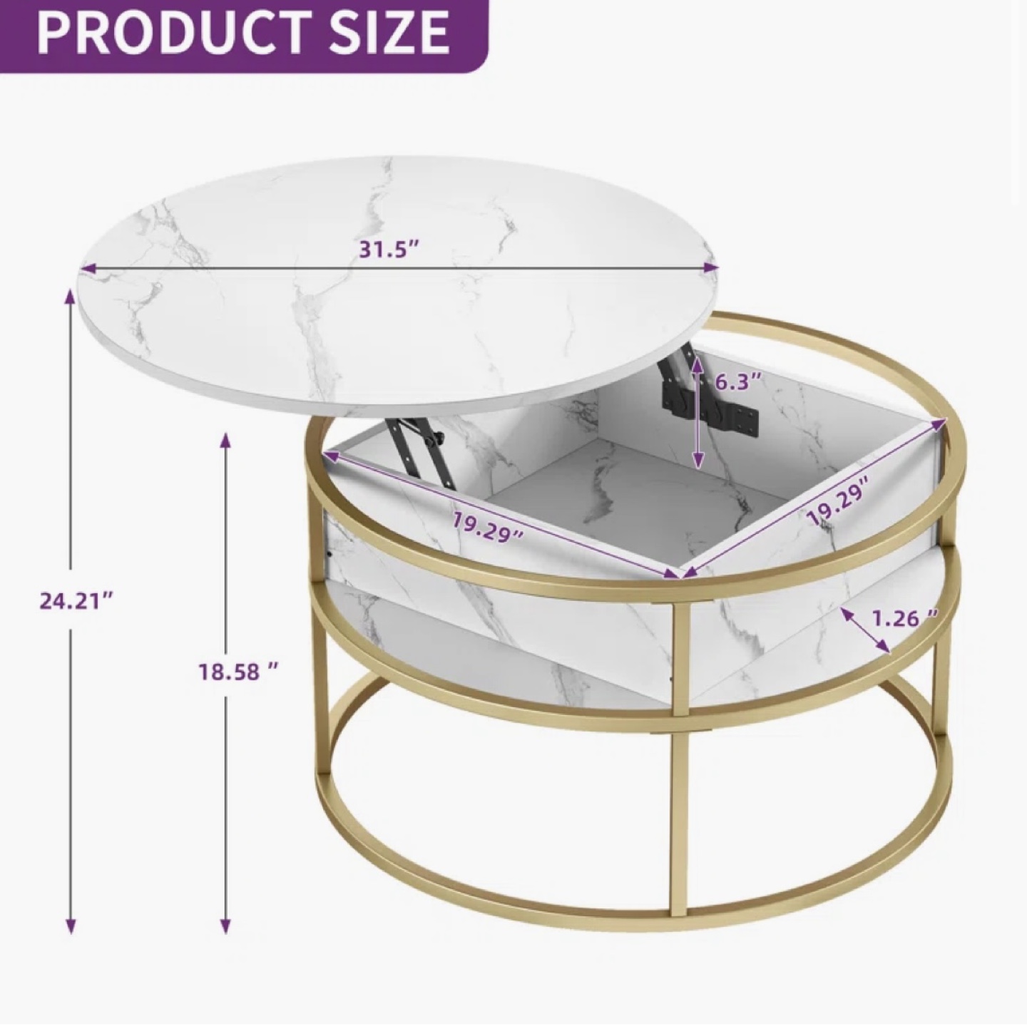 Lift-Top Coffee Table with Storage - Marble and Gold - photo 3