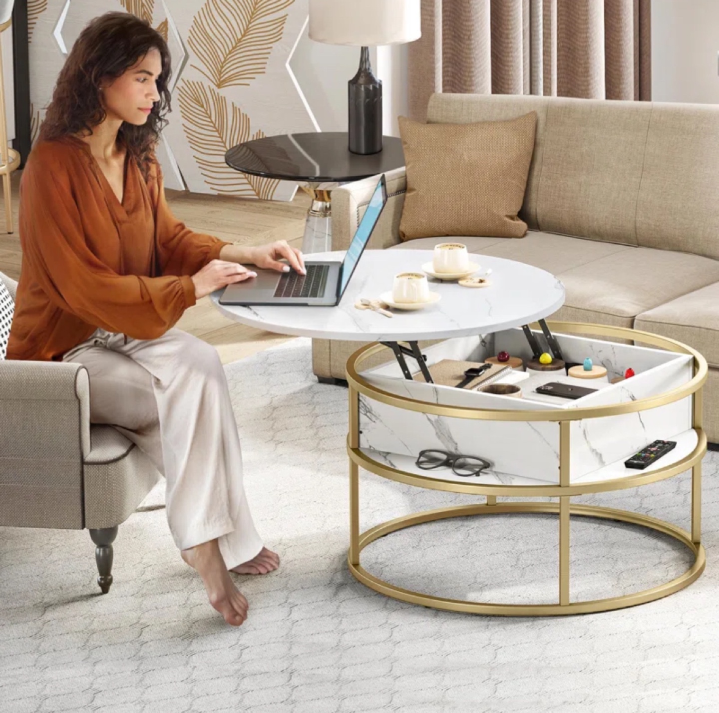 Lift-Top Coffee Table with Storage - Marble and Gold