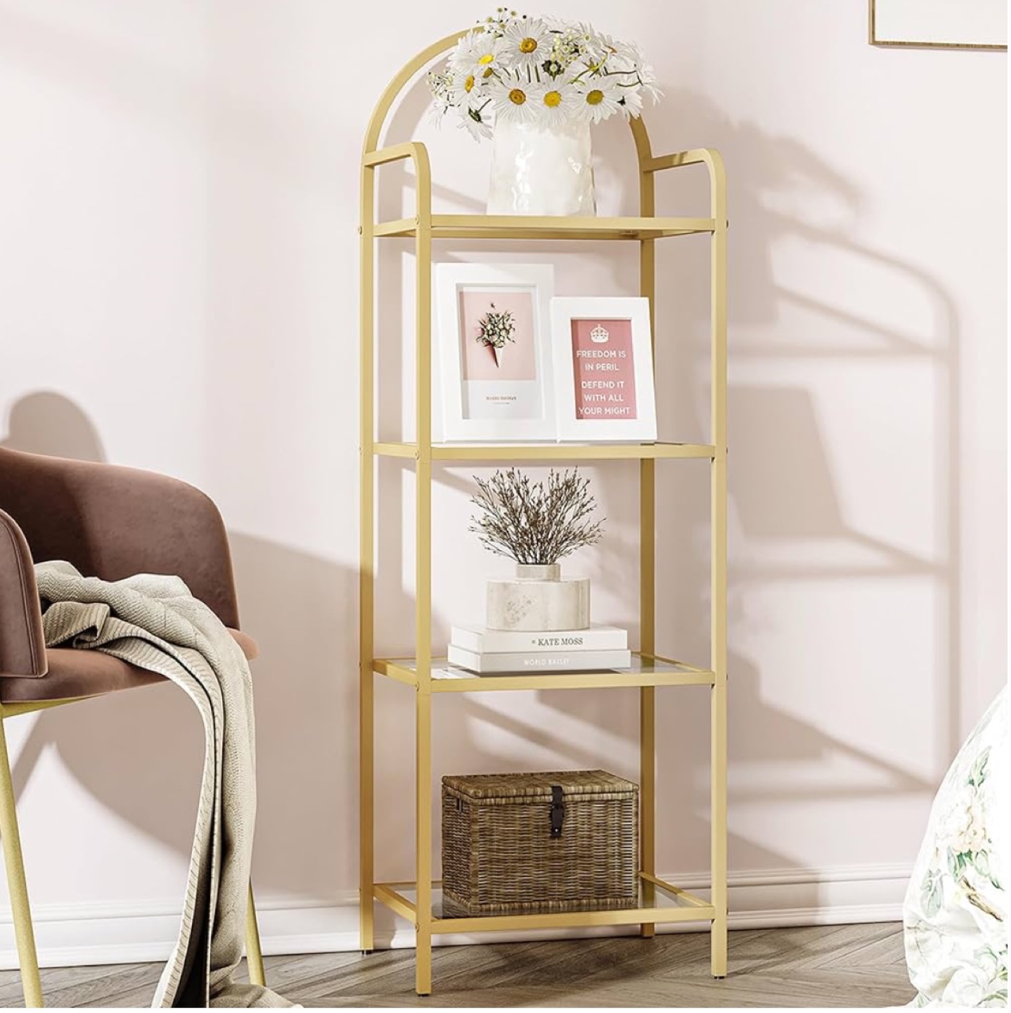 Gold Metal 4-Tier Shelf with Glass Shelves