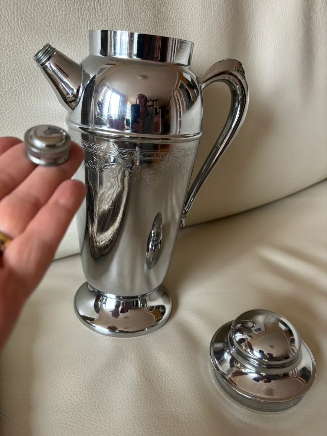 Vintage Chrome Plated Metal wine decanter with Engraved Design image indicator(3)