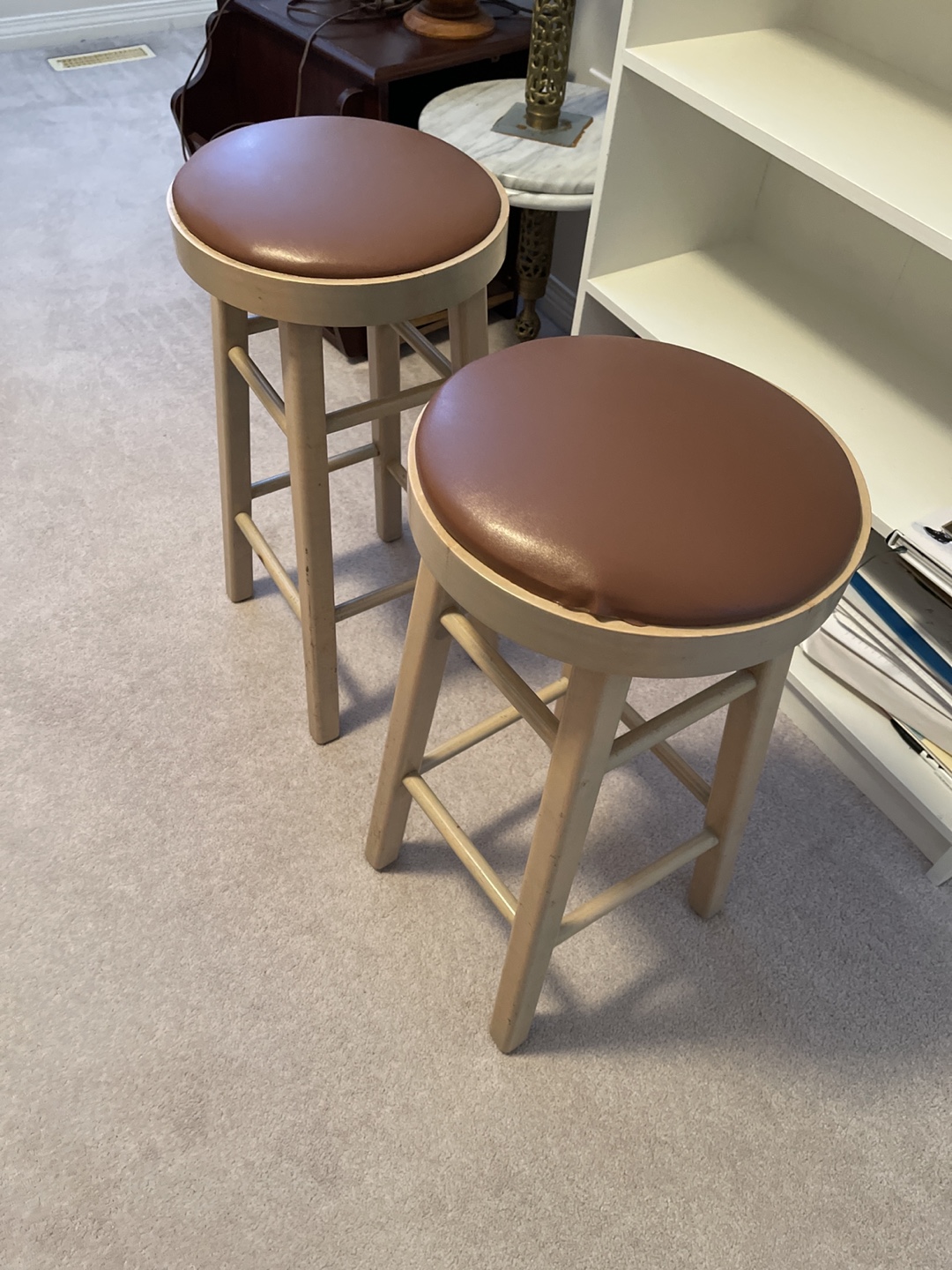 Pair of Vintage Wooden Bar Stools with Brown Vinyl Seats - photo 2