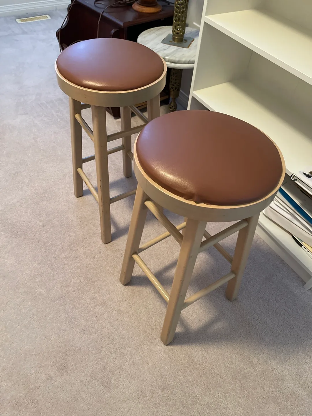 Pair of Vintage Wooden Bar Stools with Brown Vinyl Seats image indicator(2)