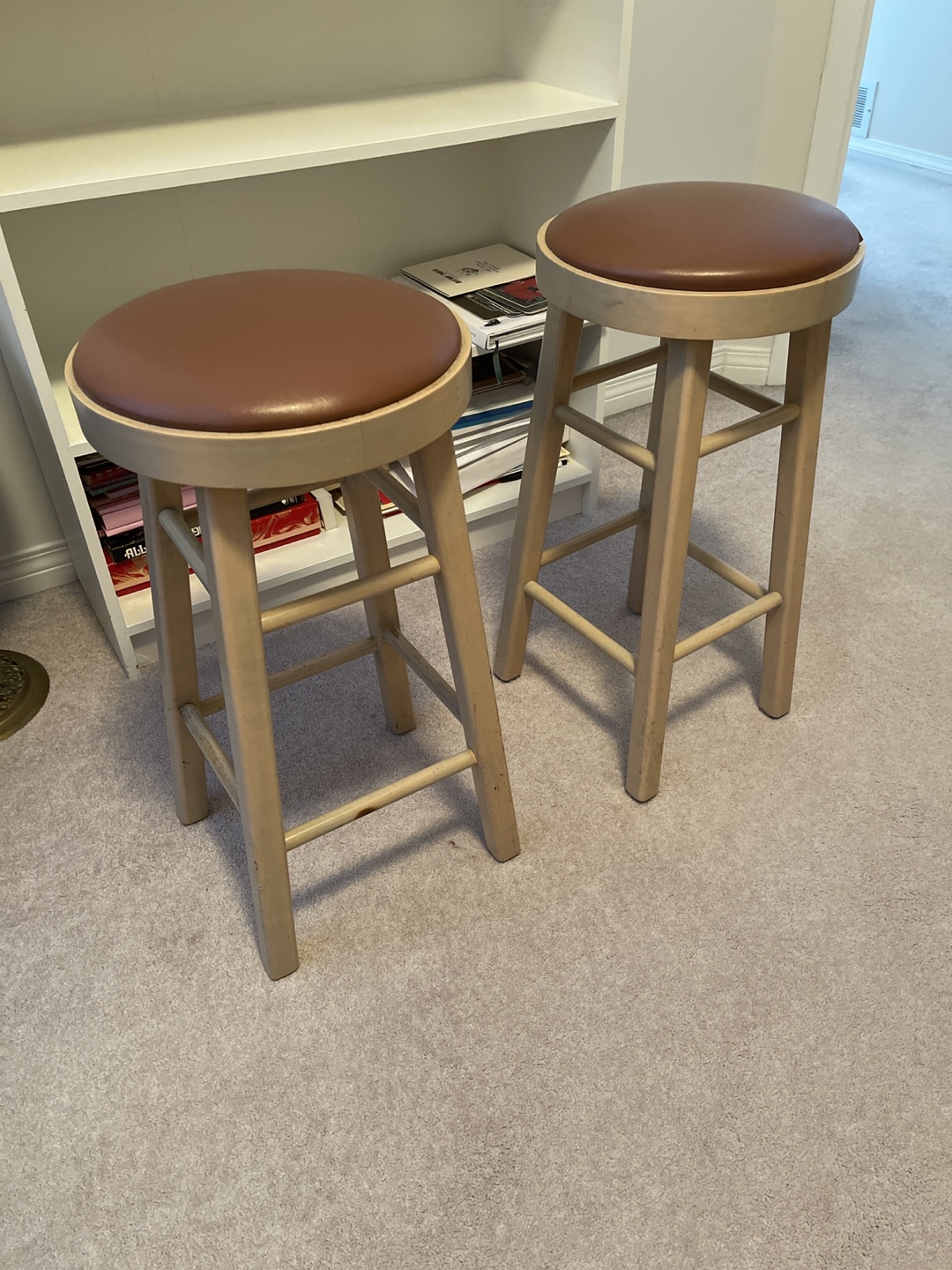 Pair of Vintage Wooden Bar Stools with Brown Vinyl Seats