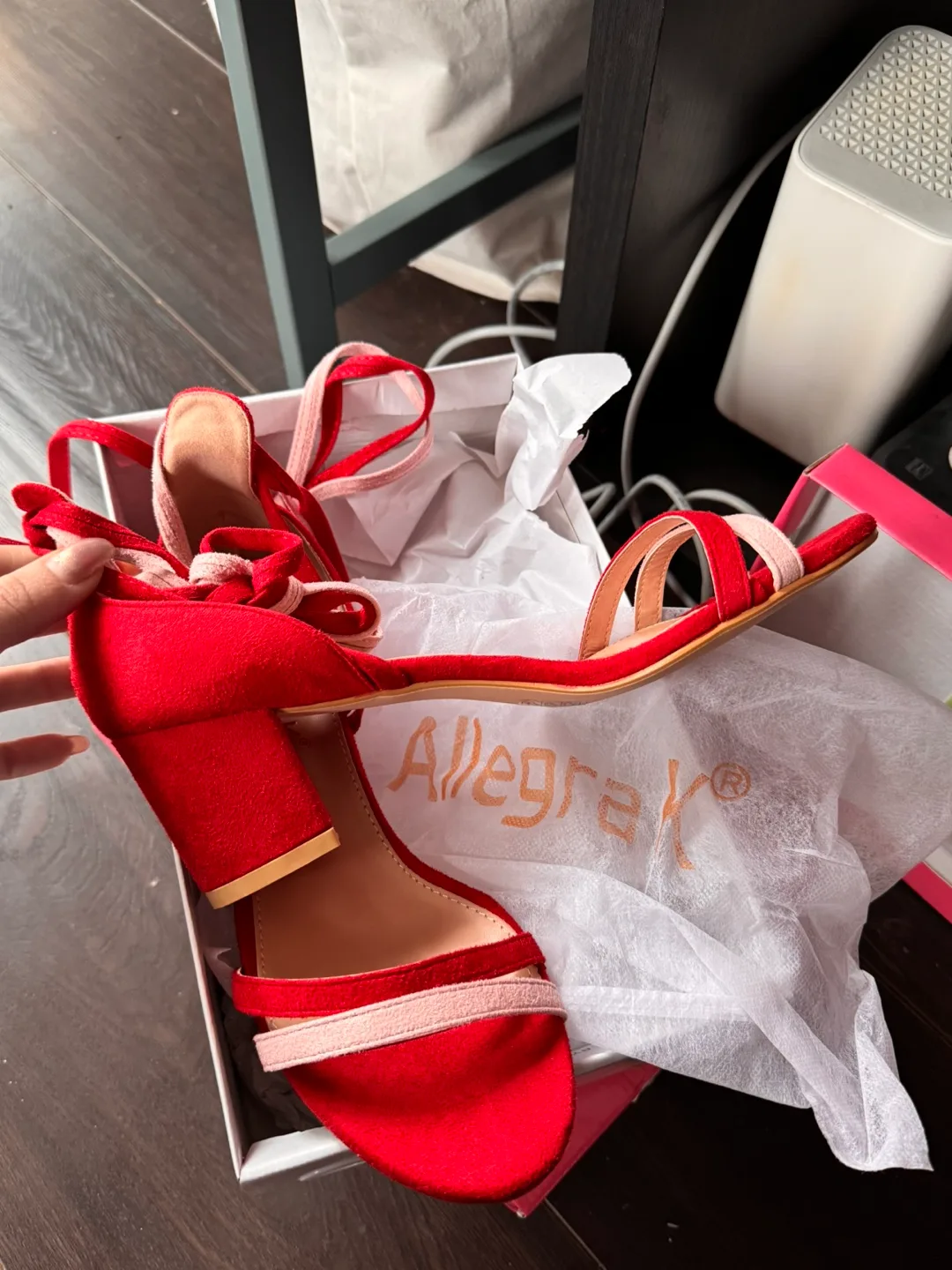 Red and Pink Ankle Tie Heels - Size 9.5 image indicator(3)