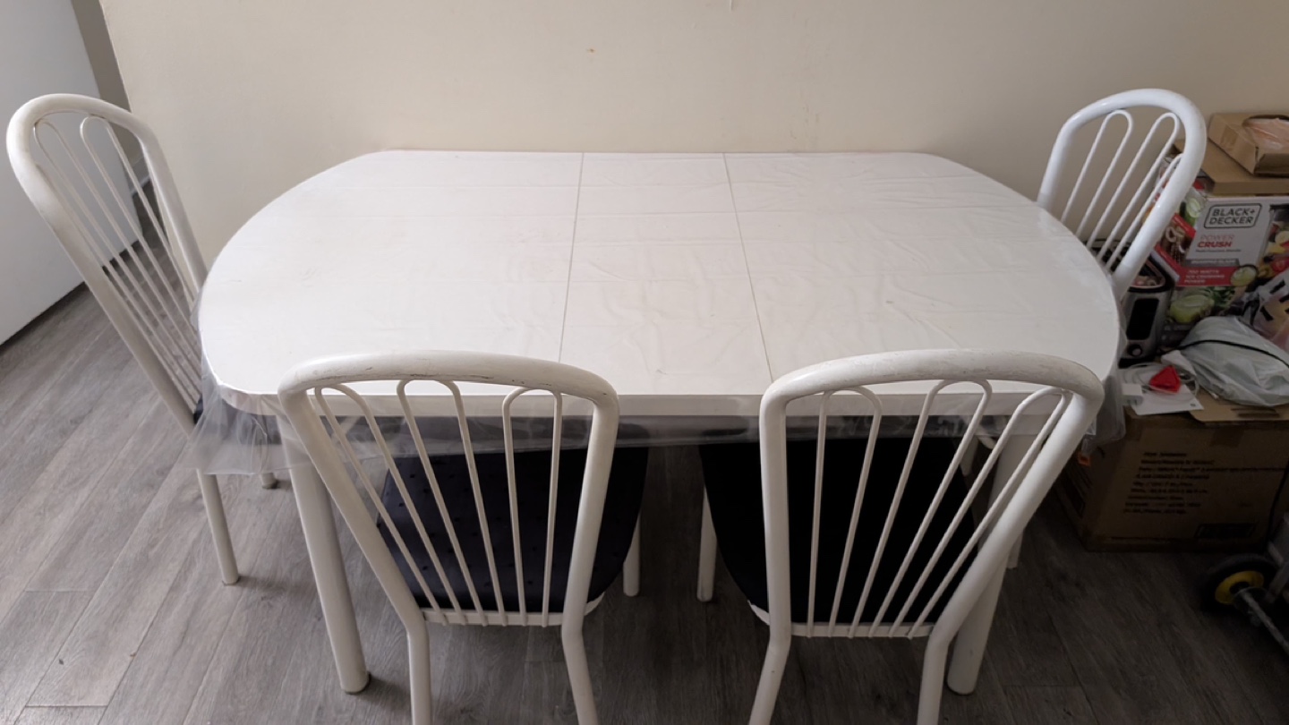 White Metal Dining Table Set with Six Chairs