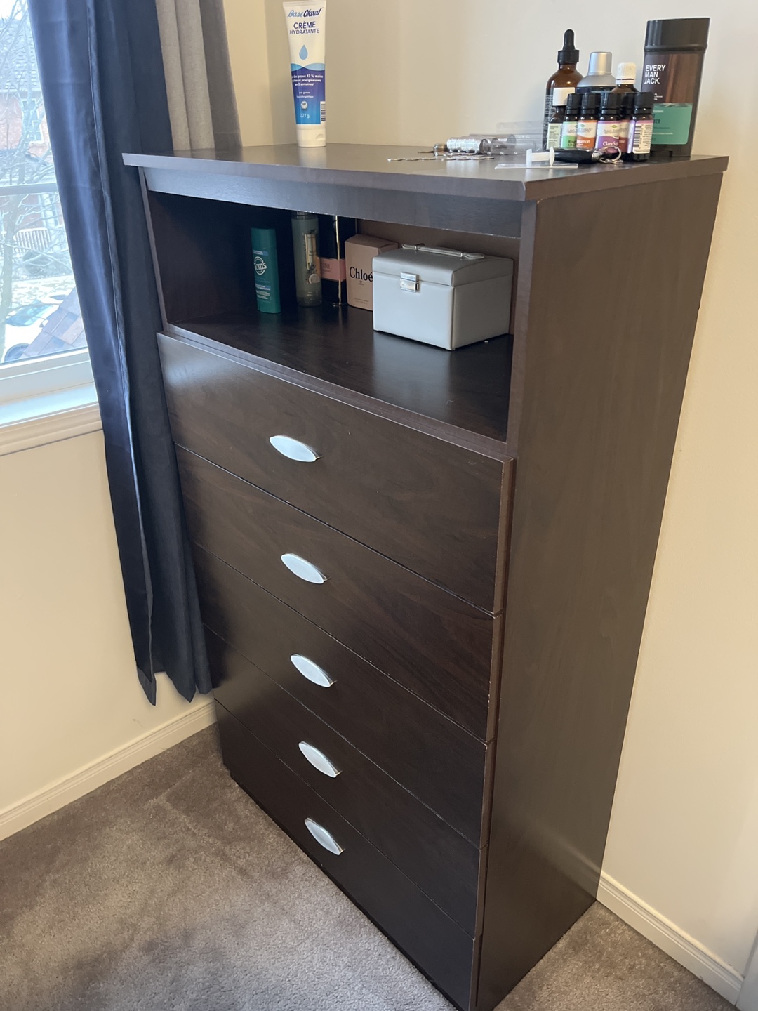 Dark Brown 5-Drawer Chest with Open Shelf