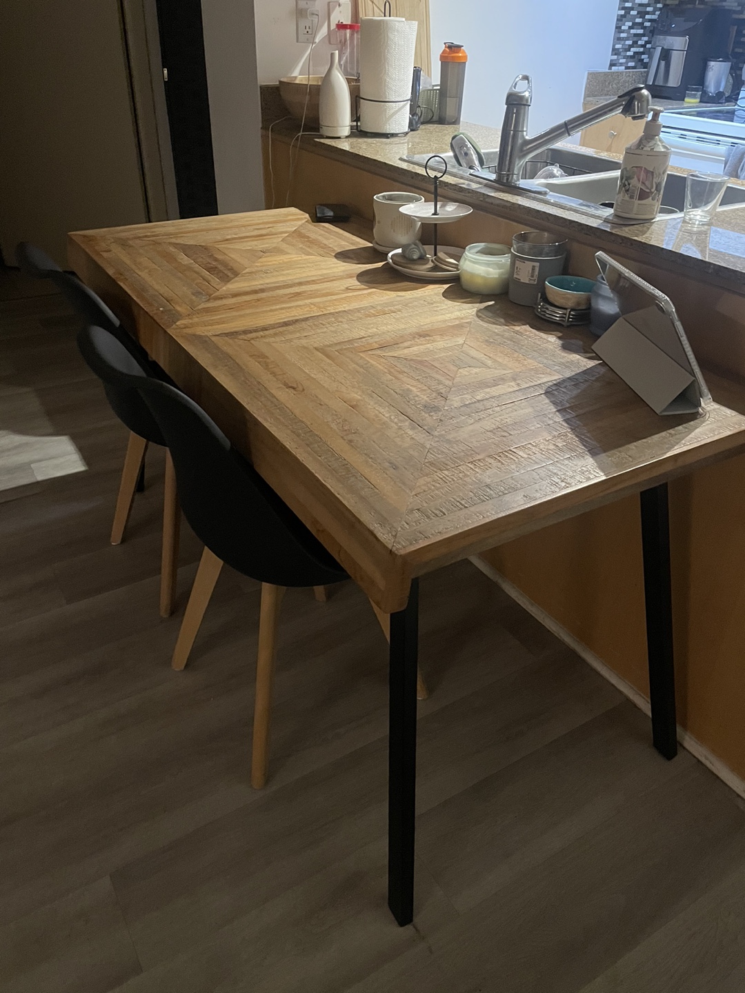 Wooden Dining Table with Two Black Chairs - photo 2
