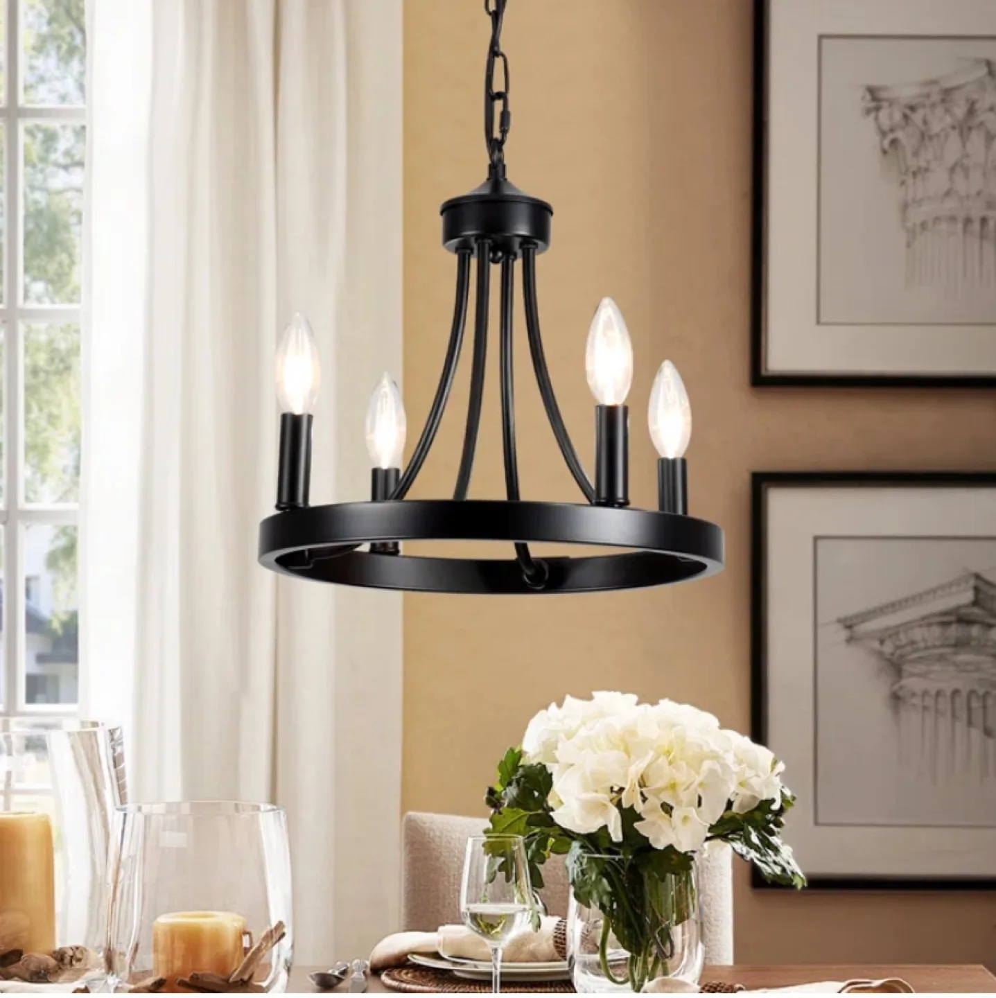 Dimmable Wagon Wheel Chandelier 4-Light Fixture - NEW thumbnail