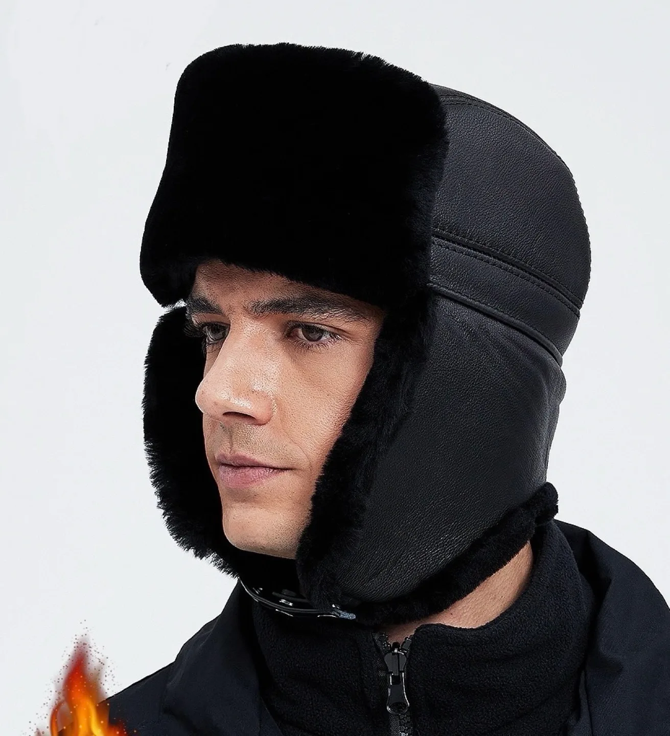 Men's Black Leather Trapper Hat image indicator(3)