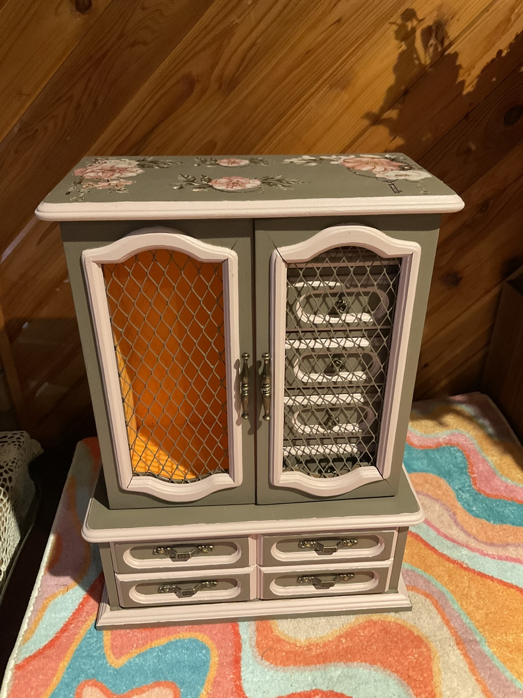 Vintage Painted Jewellery Box with Drawers and Compartments