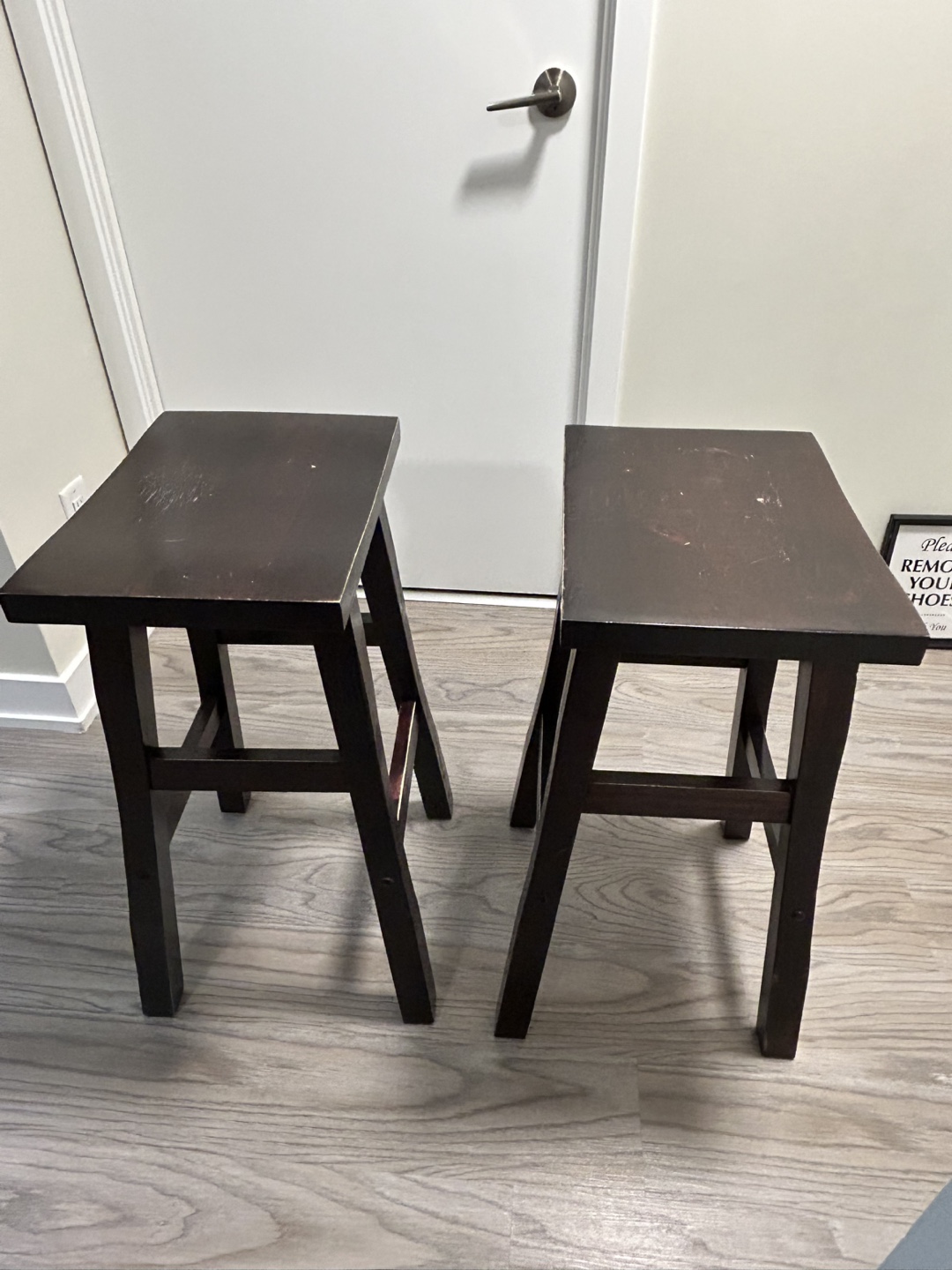 Pair of Dark Brown Wooden Stools - photo 2