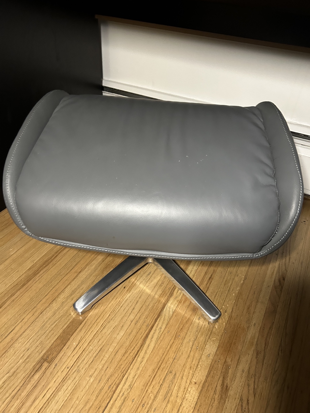 Grey Leather Ottoman with Metal Base