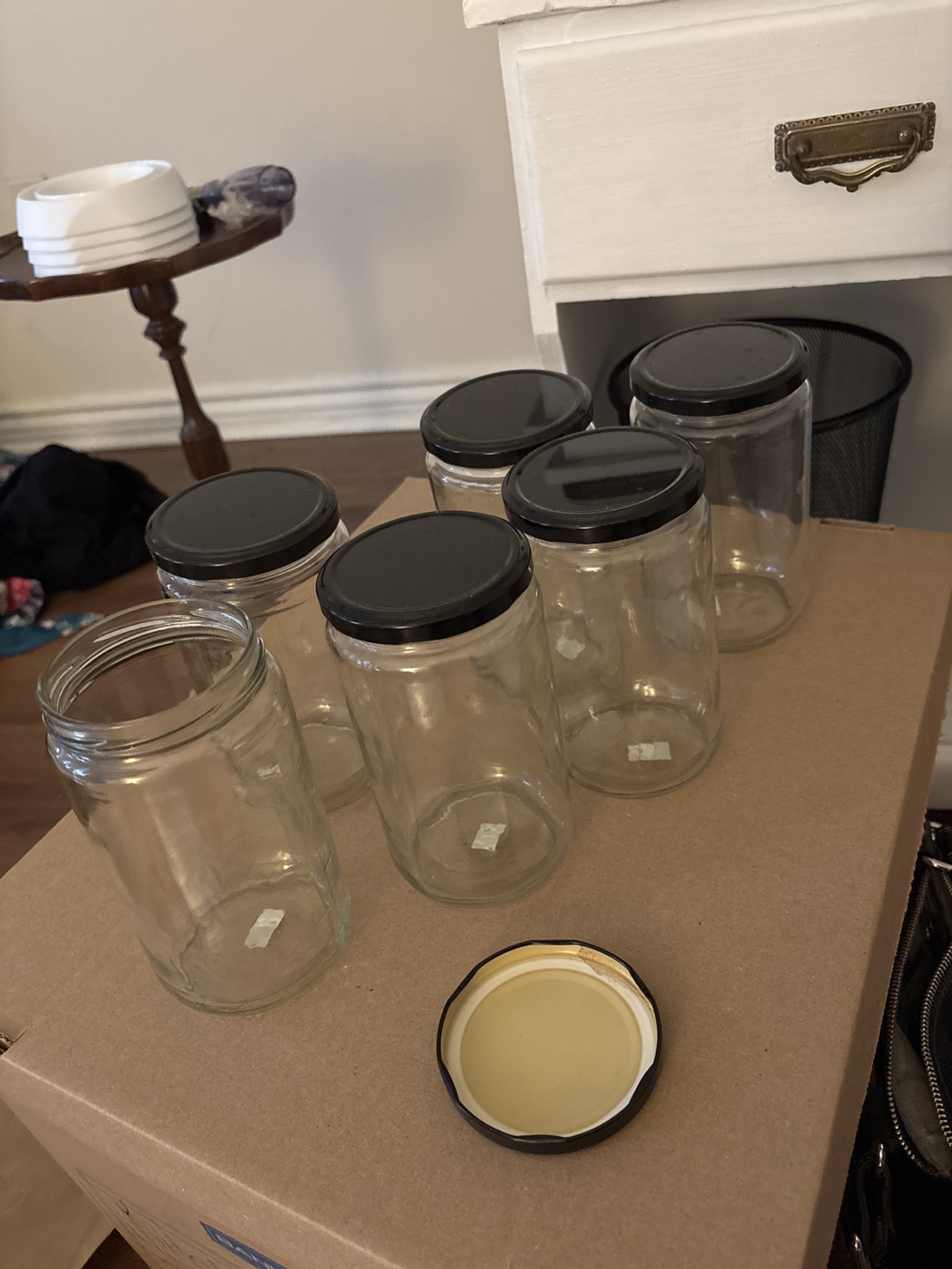 Six Glass Jars with Black Lids