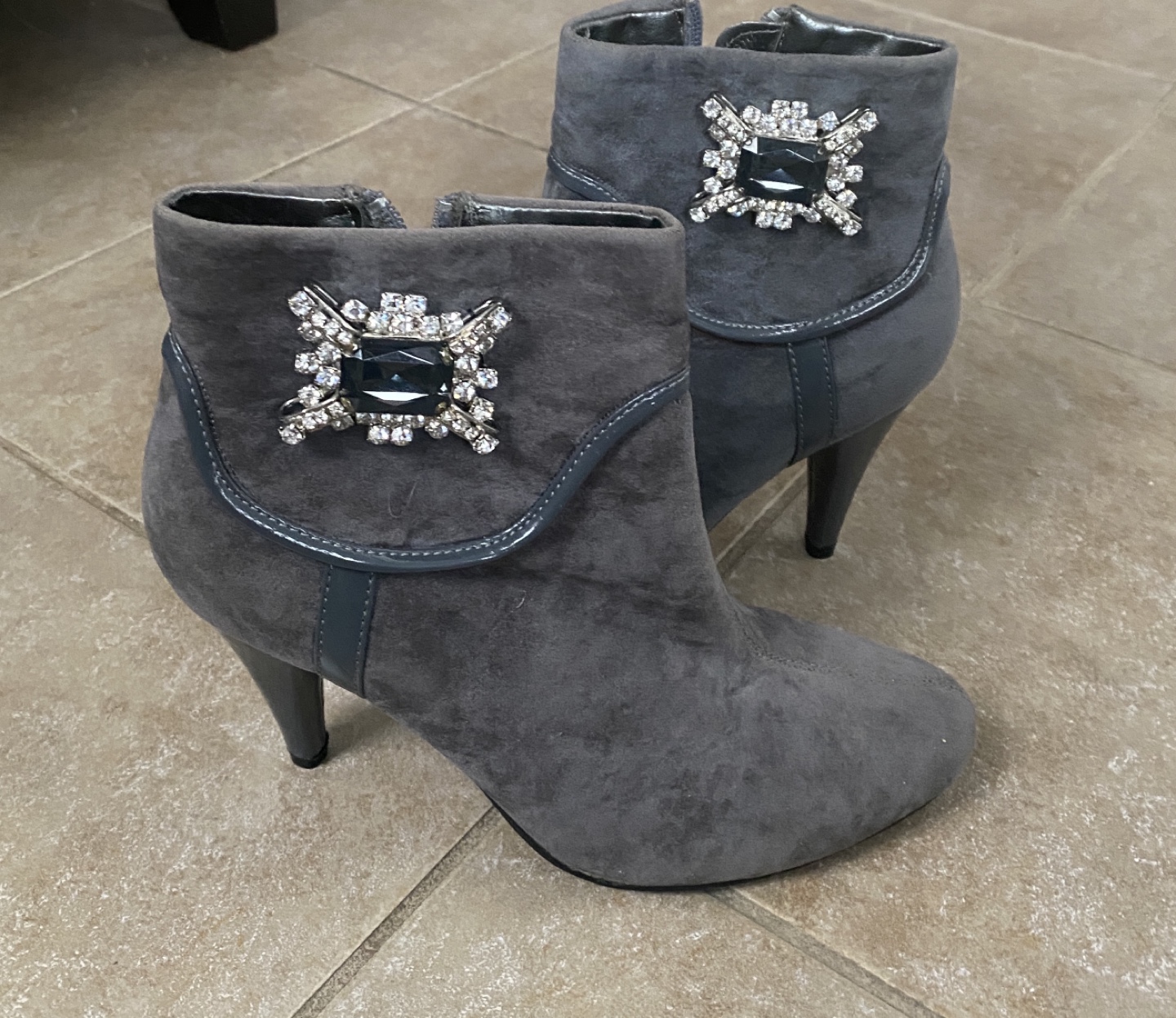 Grey Suede Ankle Boots with Crystal